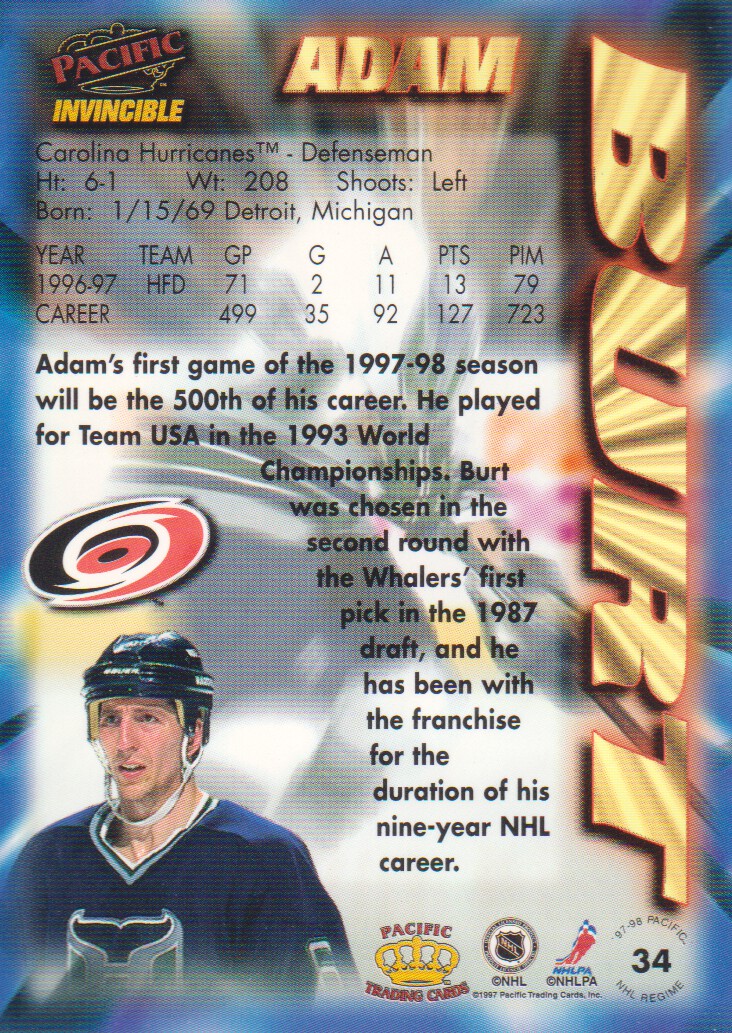 1997-98 Pacific Invincible NHL Regime #34 Adam Burt back image