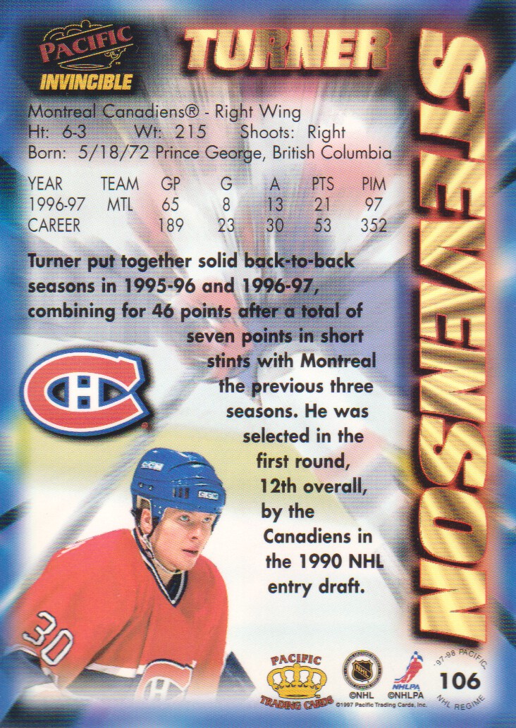 1997-98 Pacific Invincible NHL Regime #106 Turner Stevenson back image