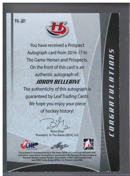 2016-17 ITG Heroes and Prospects Prospect Autographs Red #PAJB1 Jordy Bellerive/25 back image