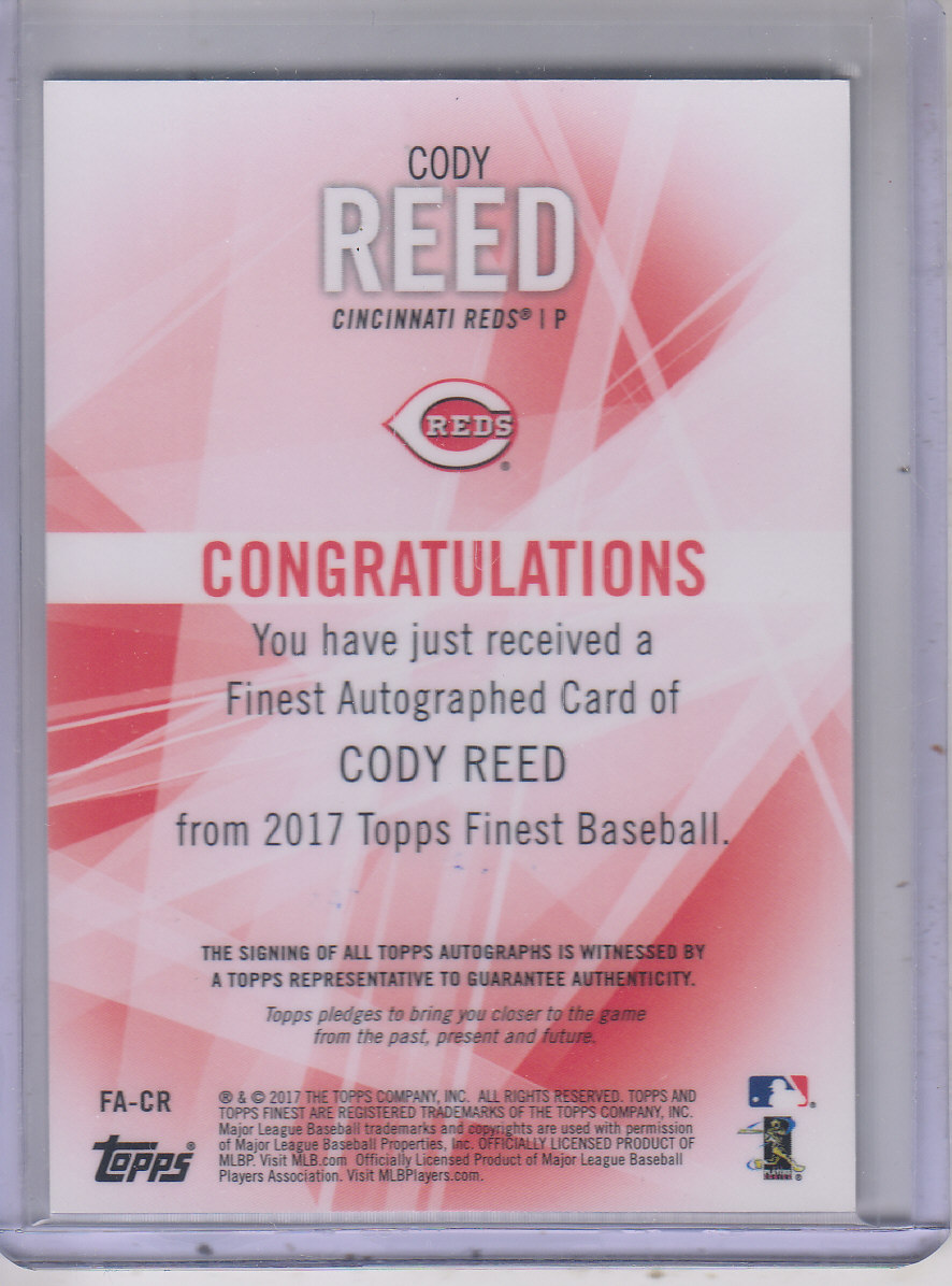 2017 Finest Autographs Blue Wave Refractors #FACR Cody Reed back image