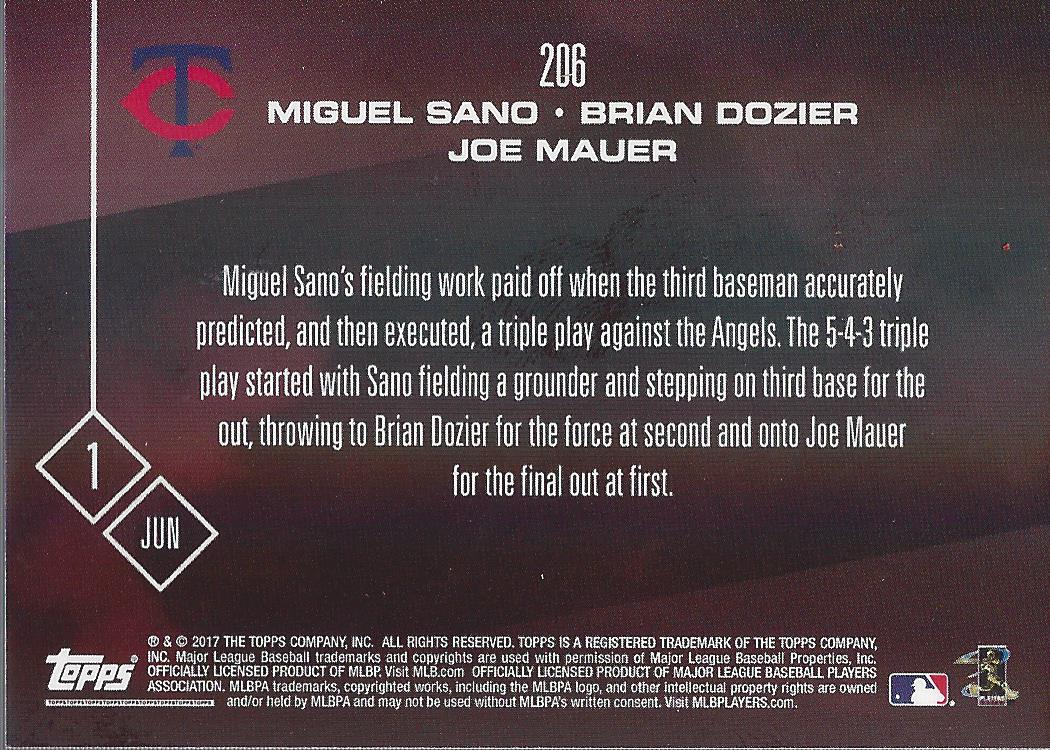 2017 Topps Now #206 Miguel Sano#[Brian Dozier/Joe Mauer/342*/5-4-3 Triple Play back image