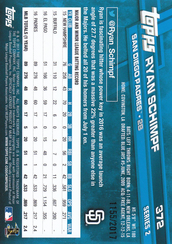 2017 Topps Gold #372 Ryan Schimpf back image