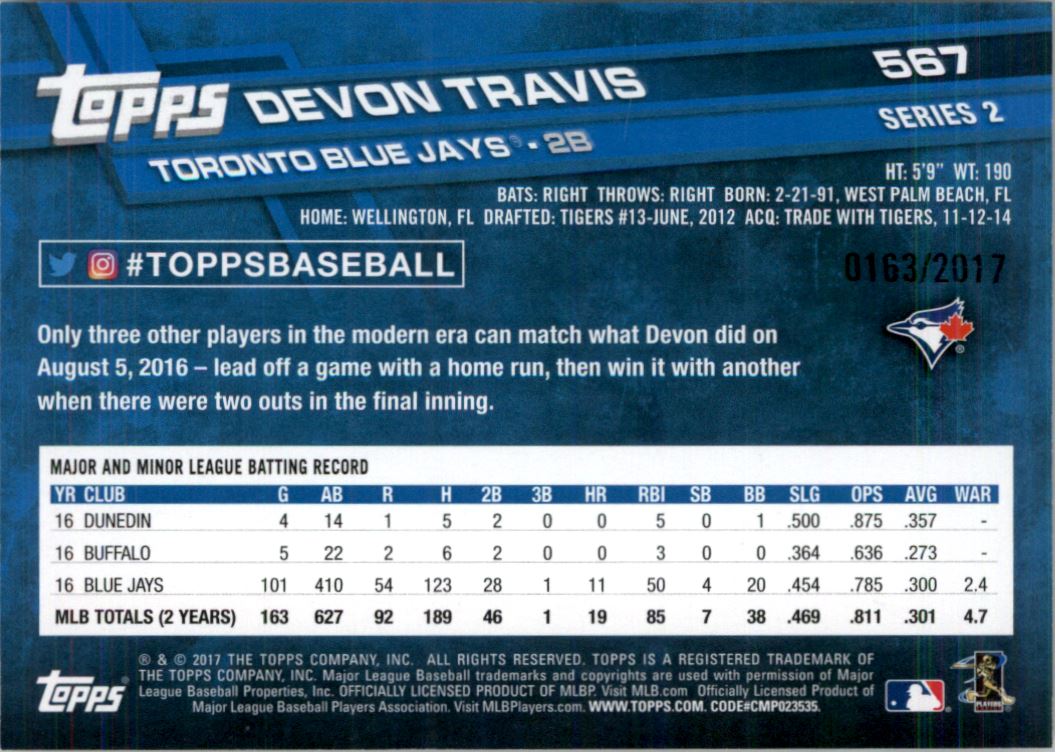 2017 Topps Gold #567 Devon Travis back image