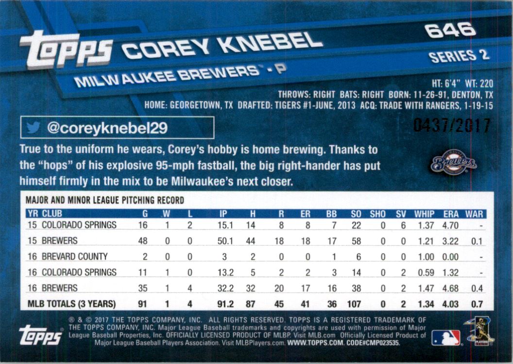 2017 Topps Gold #646 Corey Knebel back image