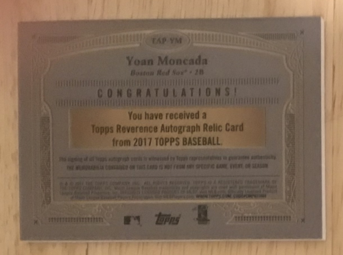 2017 Topps Reverance Autograph Patches #TAPYM Yoan Moncada back image