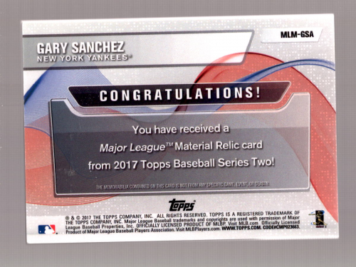 2017 Topps Major League Materials #MLMGSA Gary Sanchez S2 back image
