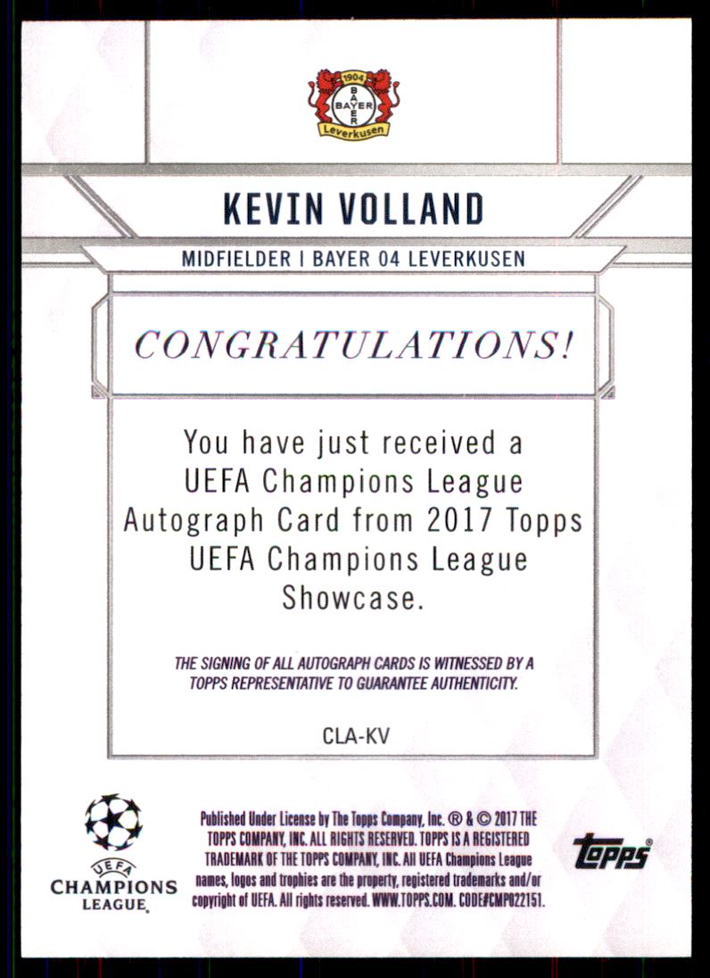 2016-17 Topps UEFA Champions League Showcase Champions League Autographs #CLAKV Kevin Volland back image