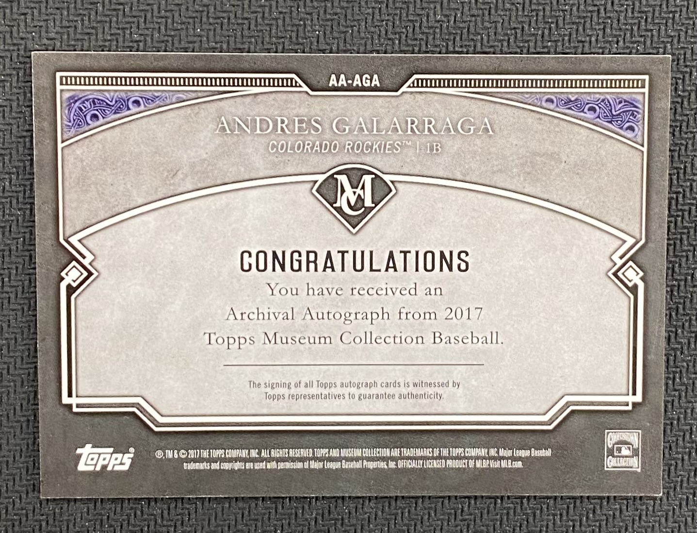 2017 Topps Museum Collection Archival Autographs Gold #AAAGA Andres Galarraga back image