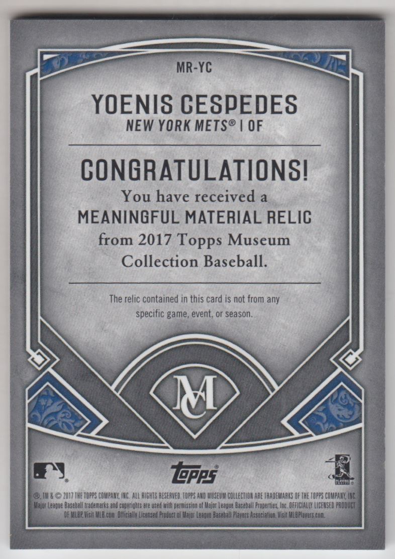 2017 Topps Museum Collection Meaningful Materials Relics Copper #MRYC Yoenis Cespedes back image