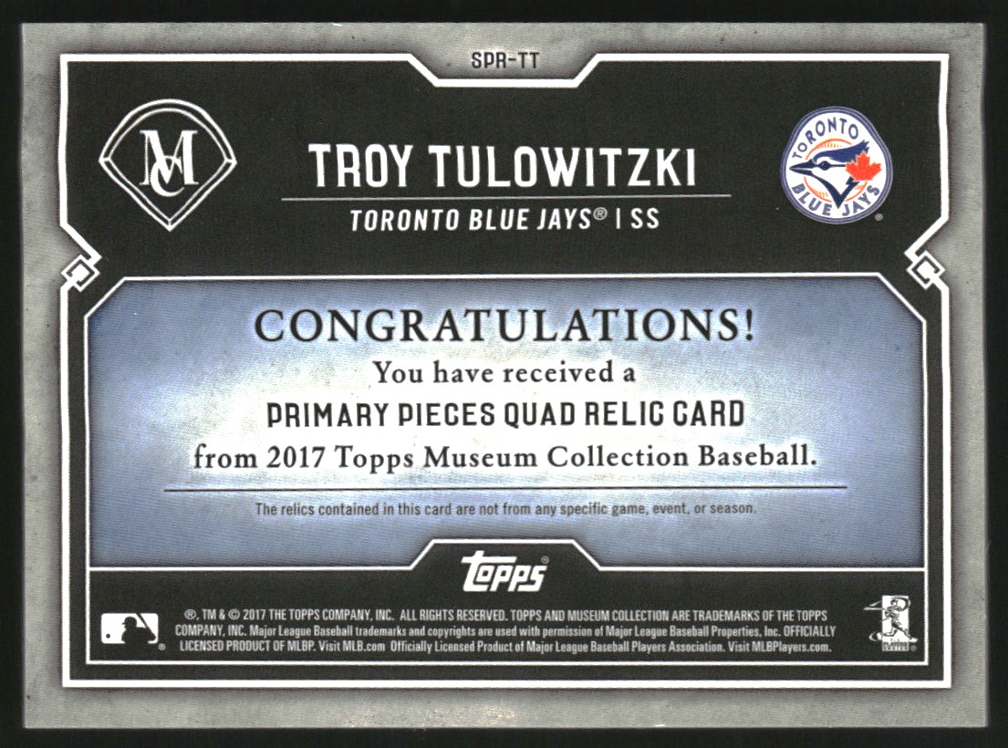 2017 Topps Museum Collection Primary Pieces Quad Relics #SPRTT Troy Tulowitzki
