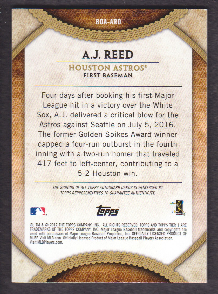 2017 Topps Tier One Break Out Autographs #BOAARD A.J. Reed/300 back image