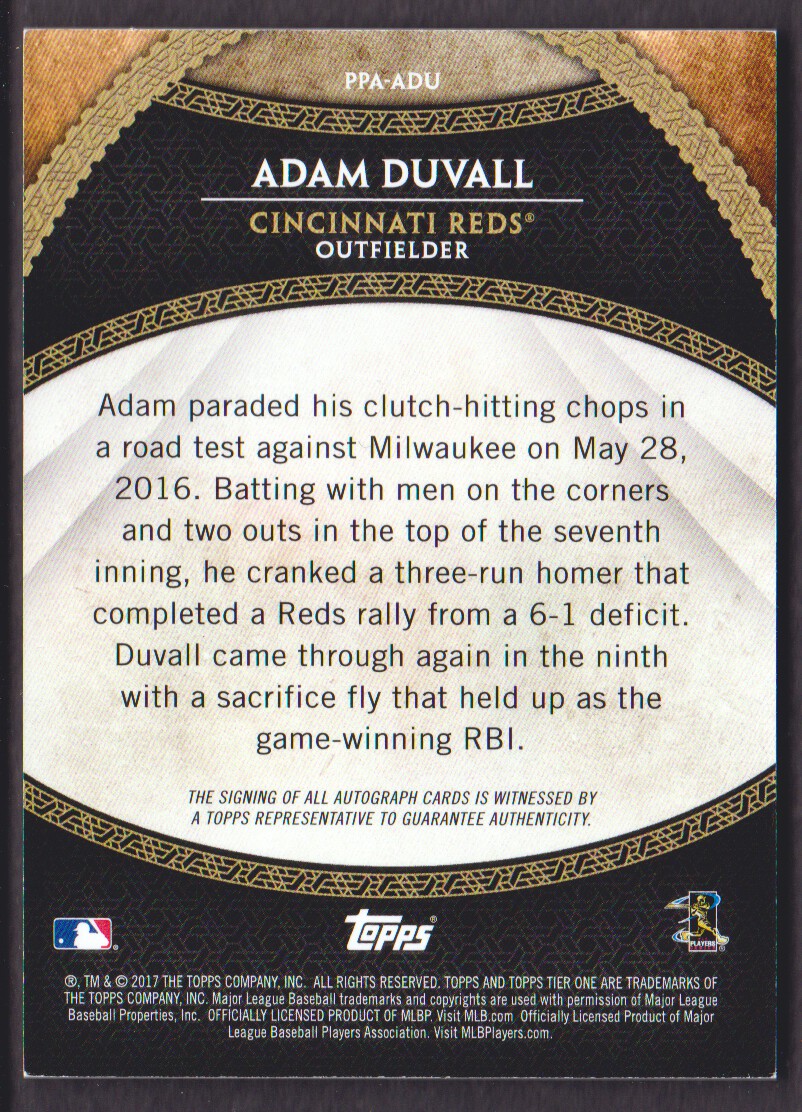2017 Topps Tier One Prime Performers Autographs #PPAADU Adam Duvall/300 back image