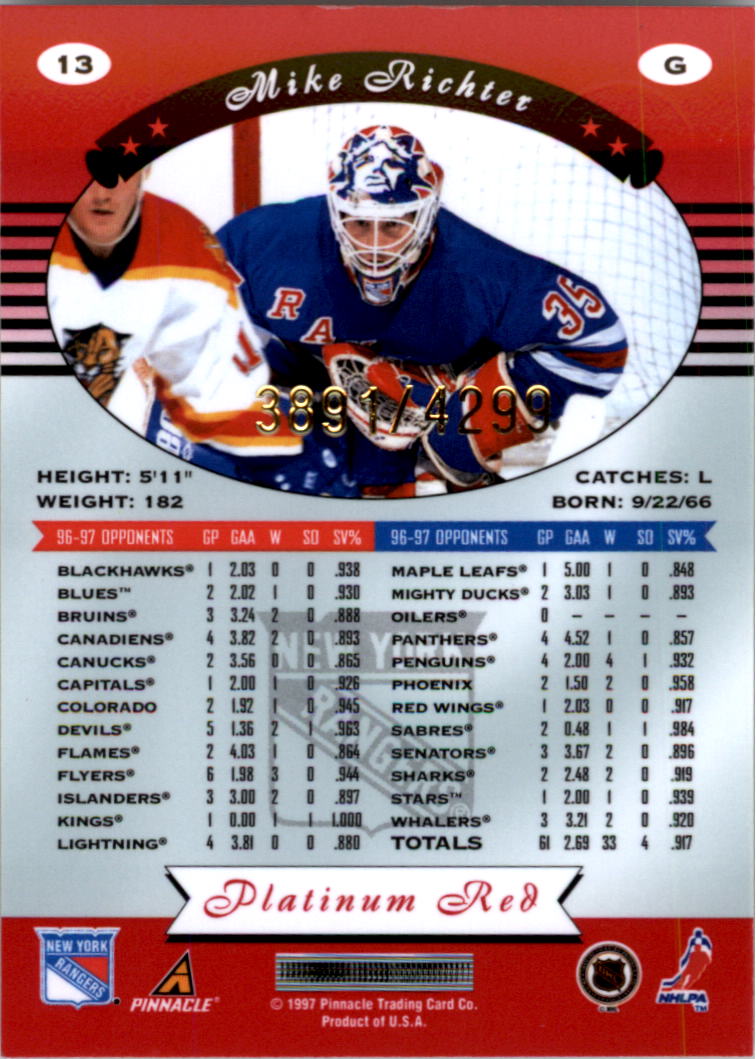 1997-98 Pinnacle Totally Certified Platinum Red #13 Mike Richter back image