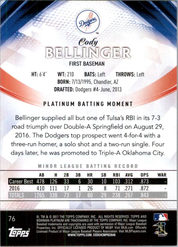 2017 Bowman Platinum #76 Cody Bellinger RC back image