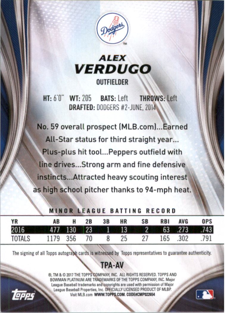 2017 Bowman Platinum Top Prospects Autographs #TPAV Alex Verdugo