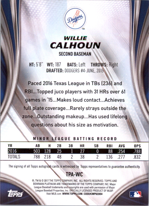 2017 Bowman Platinum Top Prospects Autographs #TPWC Willie Calhoun