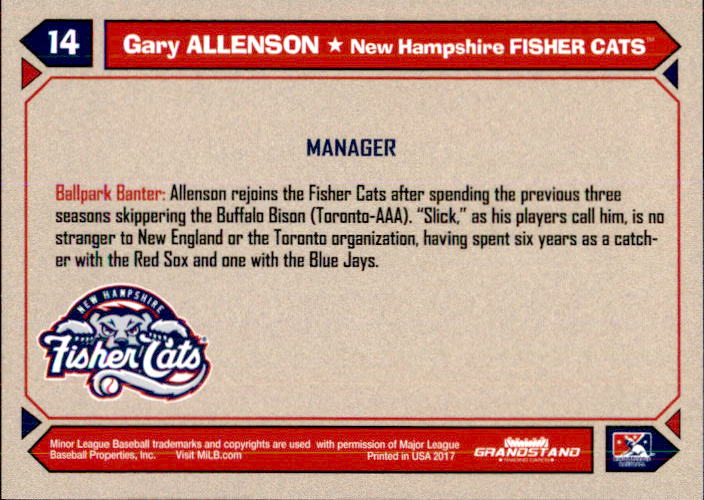 2017 New Hampshire Fisher Cats Grandstand #2 Gary Allenson MG back image