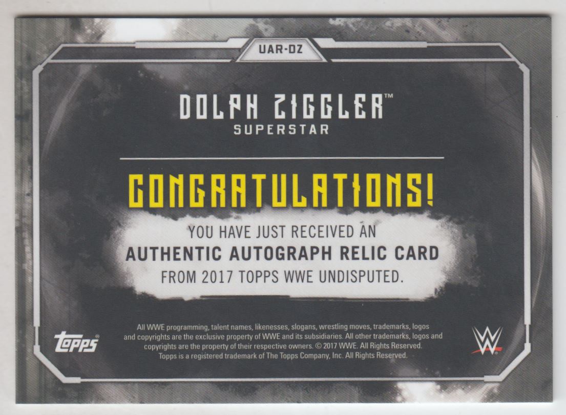 2017 Topps WWE Undisputed Autographed Relics Green #UARDZ Dolph Ziggler back image