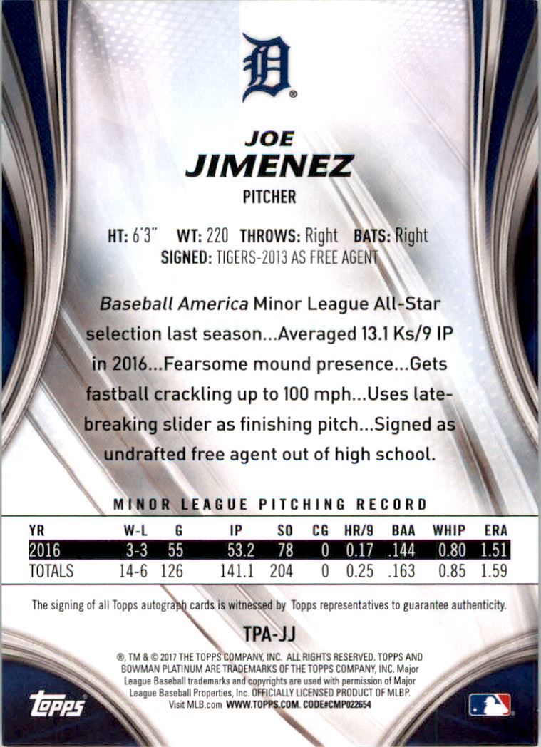 2017 Bowman Platinum Top Prospects Autographs Purple #TPJJ Joe Jimenez