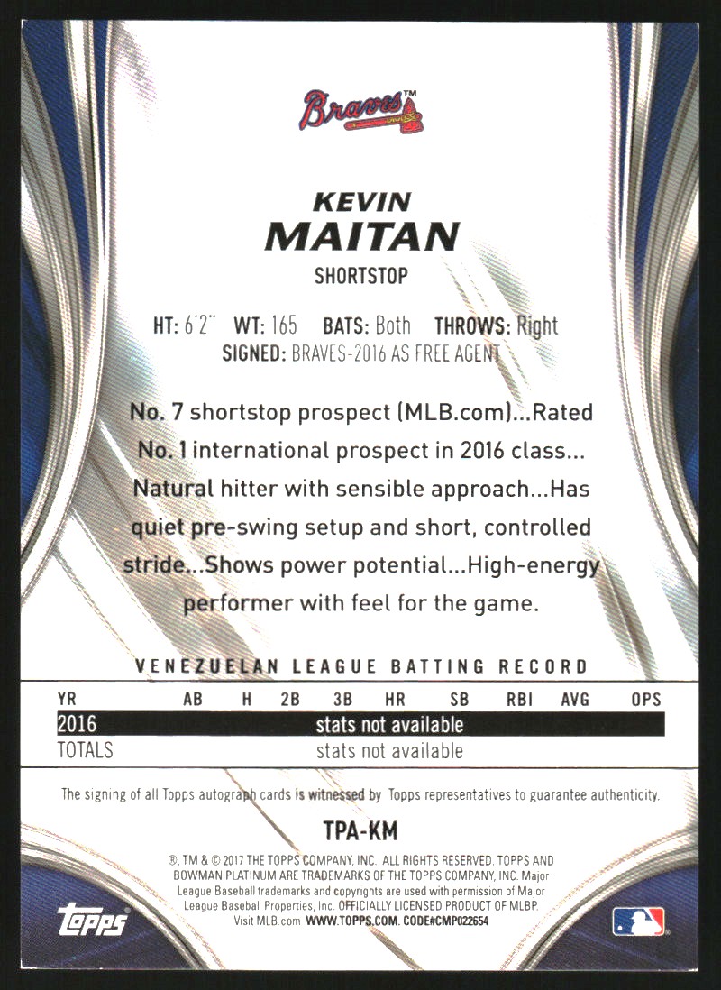 2017 Bowman Platinum Top Prospects Autographs Green #TPKM Kevin Maitan
