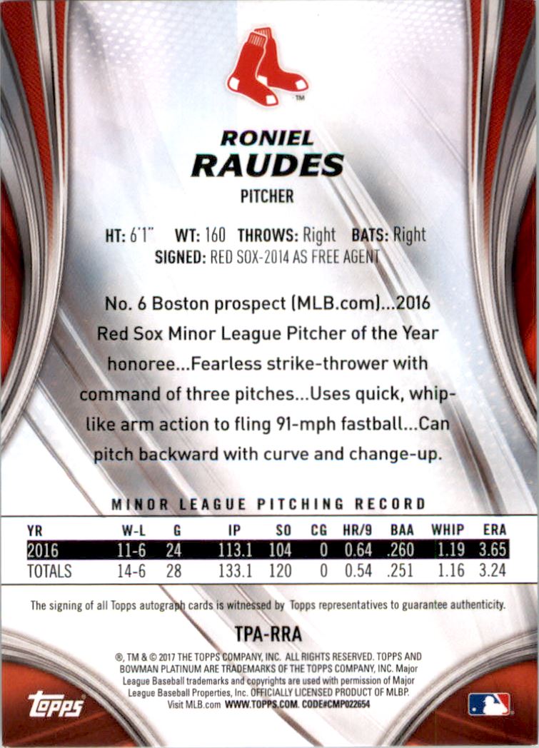 2017 Bowman Platinum Top Prospects Autographs Green #TPRRA Roniel Raudes