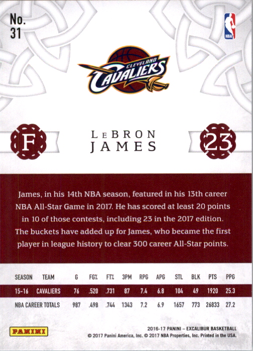 2016-17 Panini Excalibur #31 LeBron James