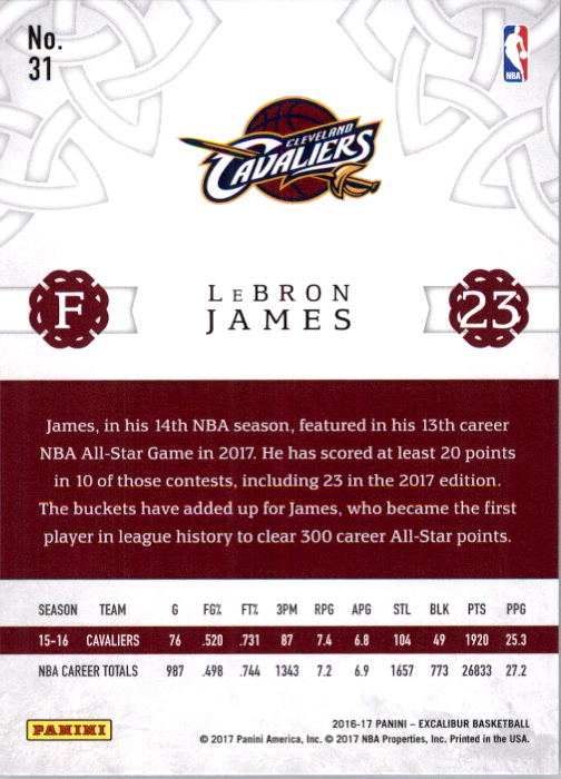 2016-17 Panini Excalibur Lord #31 LeBron James