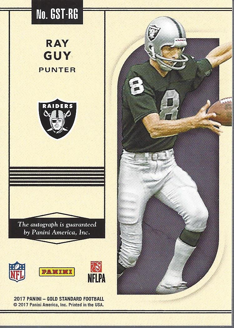 2017 Panini Gold Standard Gold Strike Material Autographs #28 Ray Guy/25 back image