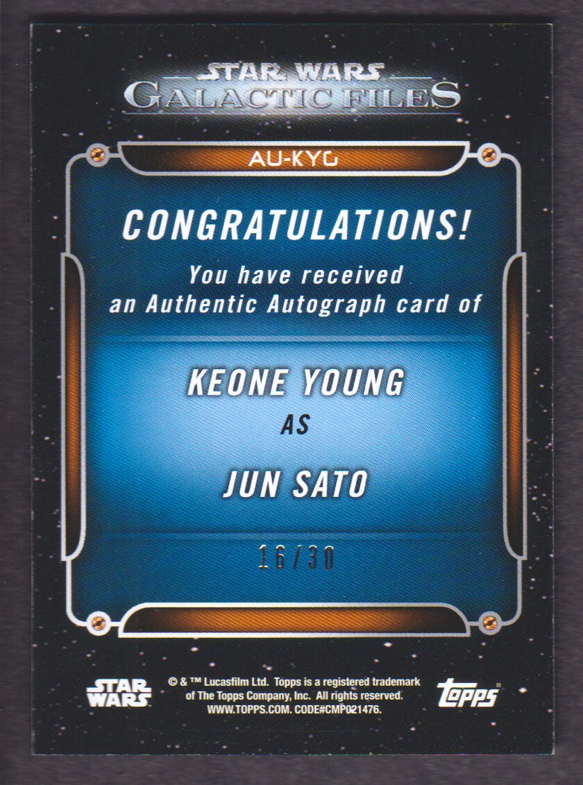 2017 Topps Star Wars Galactic Files Reborn Autographs #NNO Keone Young as Jun Sato back image