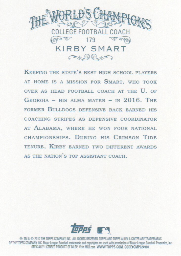 2017 Topps Allen and Ginter #179 Kirby Smart CO back image
