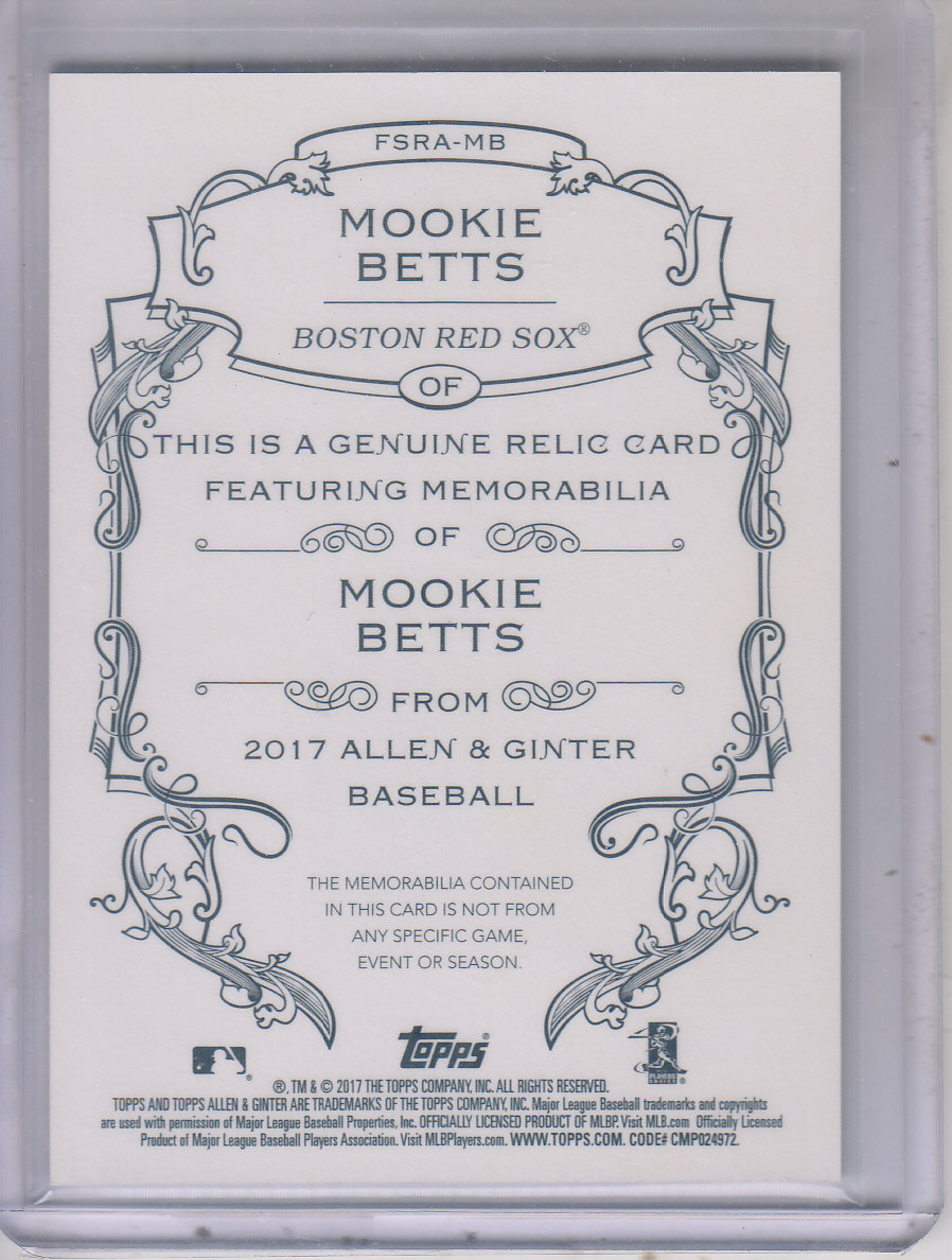 2017 Topps Allen and Ginter Relics #FSRAMB Mookie Betts A back image
