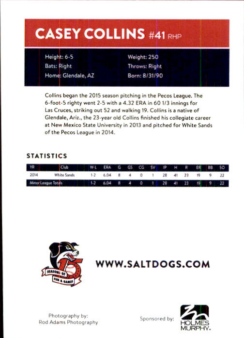 2015 Lincoln Saltdogs Team Issue #3 Casey Collins back image