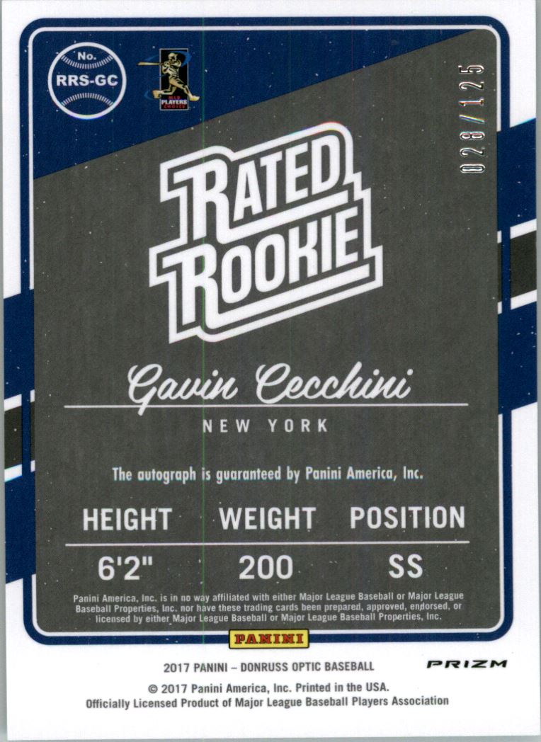 2017 Donruss Optic Rated Rookies Signatures Aqua #RRSGC Gavin Cecchini/125 back image