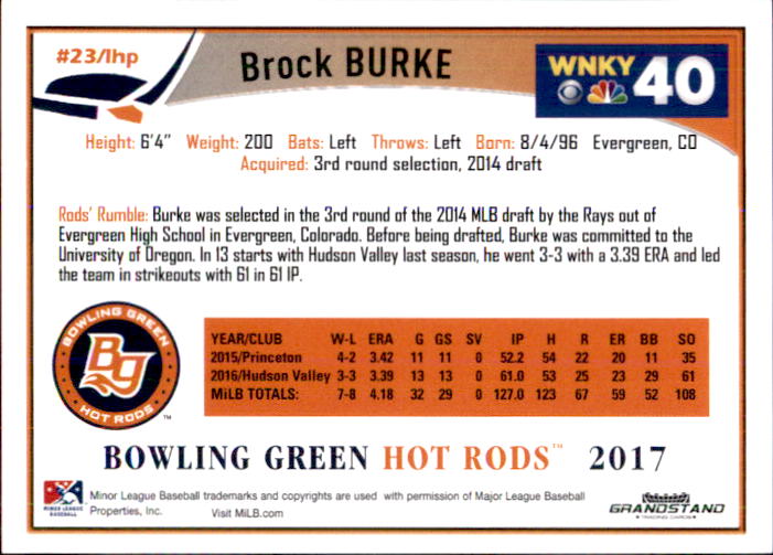 2017 Bowling Green Hot Rods Brock Burke – Go Sports Cards