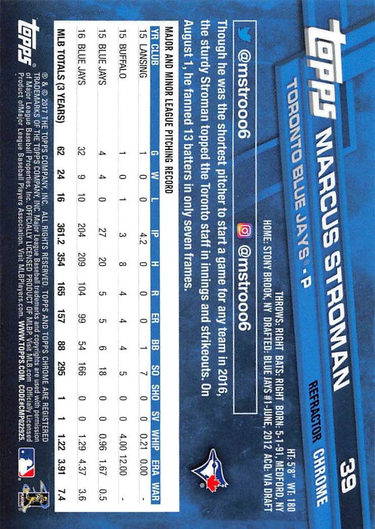 2017 Topps Chrome Refractors #39 Marcus Stroman back image