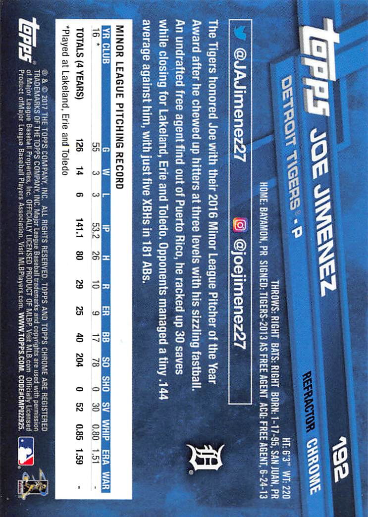 2017 Topps Chrome Refractors #192 Joe Jimenez back image