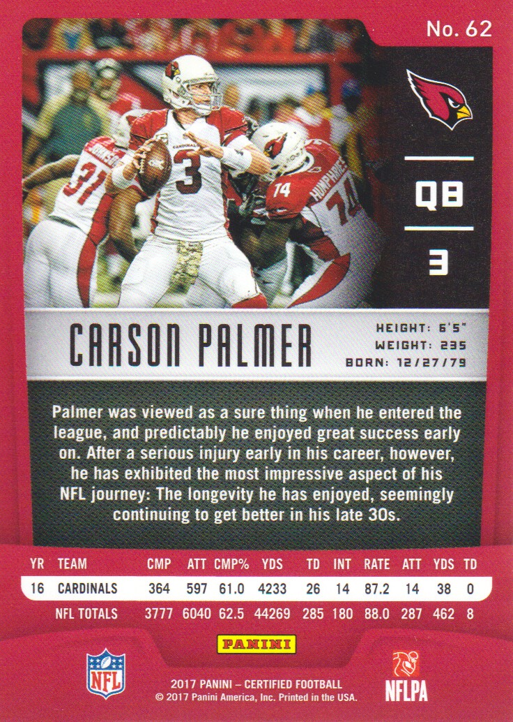 2017 Certified #62 Carson Palmer back image