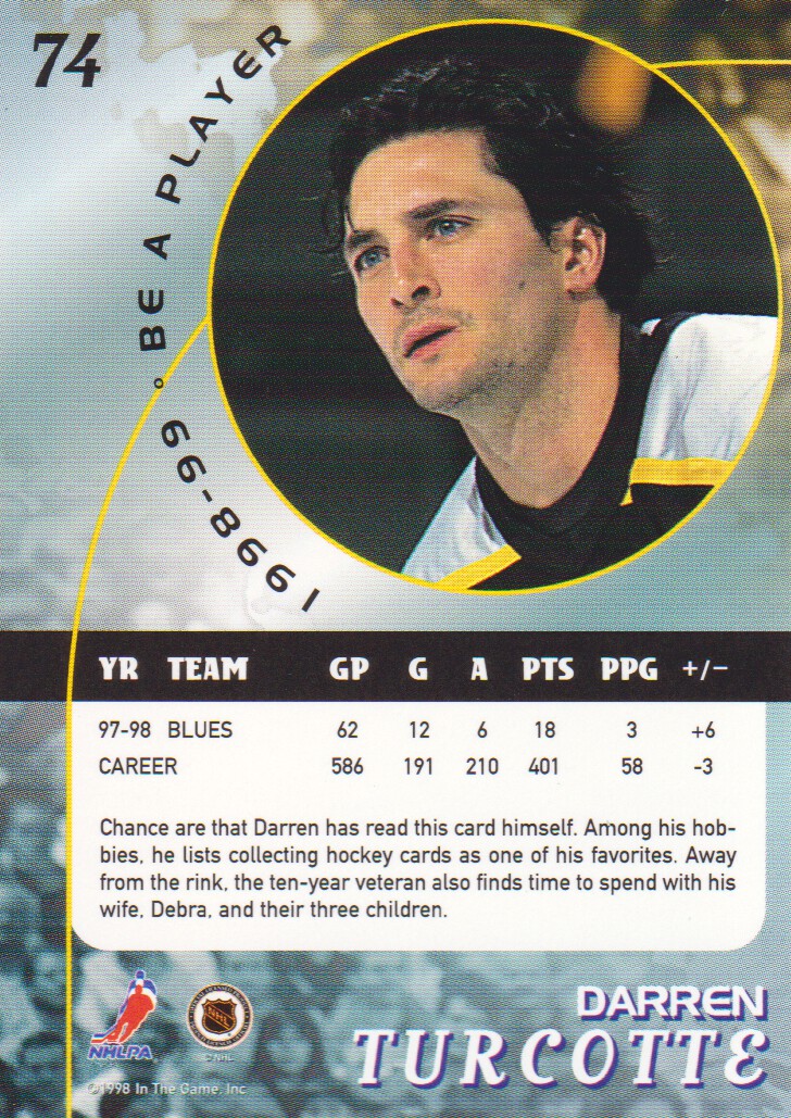 1998-99 Be A Player Gold #74 Darren Turcotte back image