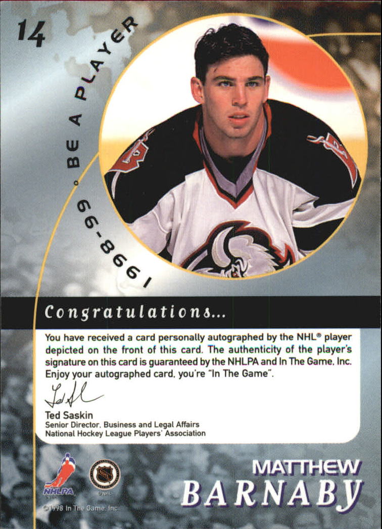 1998-99 Be A Player Autographs #14 Matthew Barnaby back image