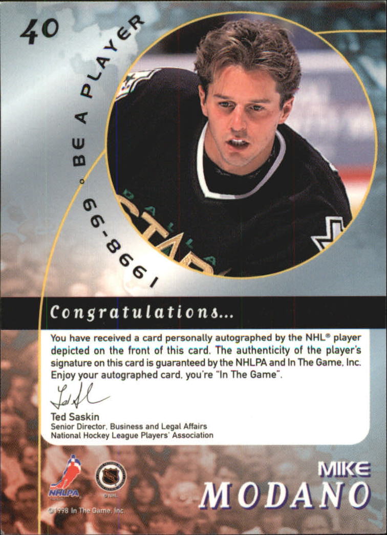 1998-99 Be A Player Autographs Gold #40 Mike Modano/50* back image
