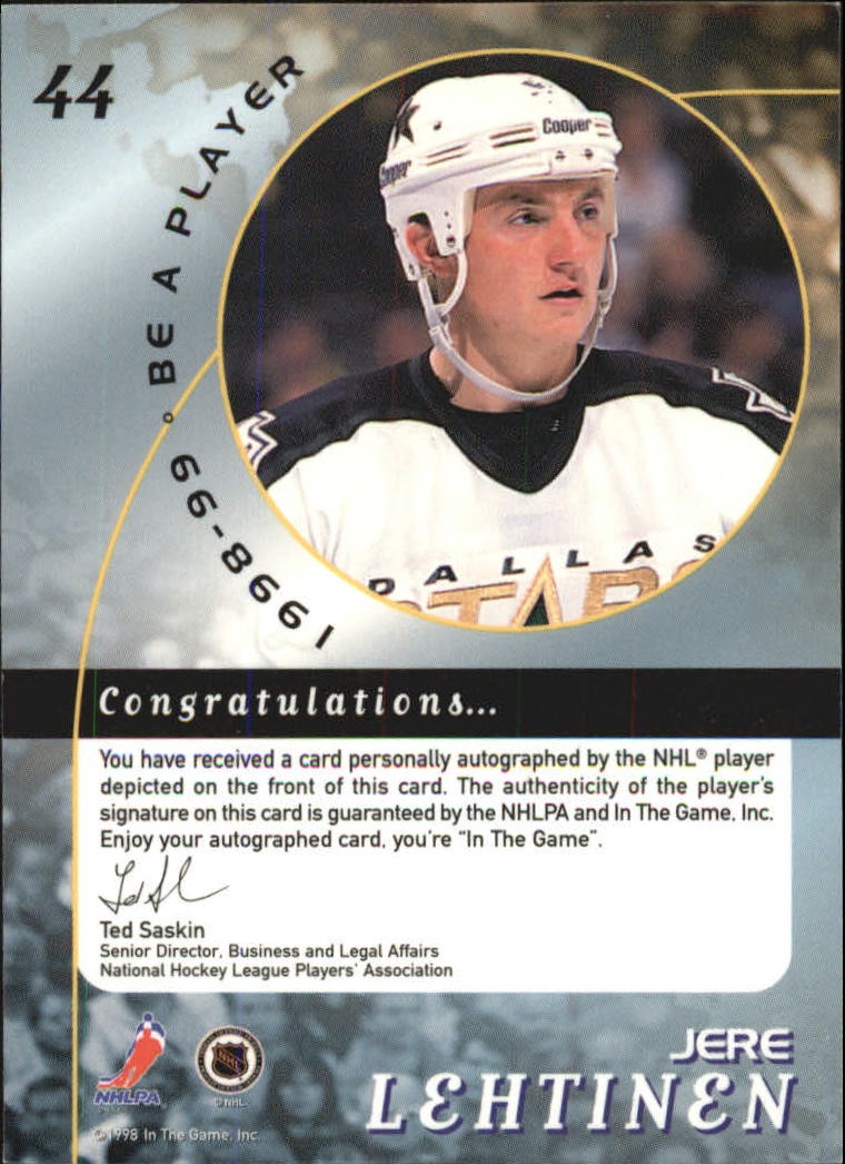 1998-99 Be A Player Autographs Gold #44 Jere Lehtinen back image