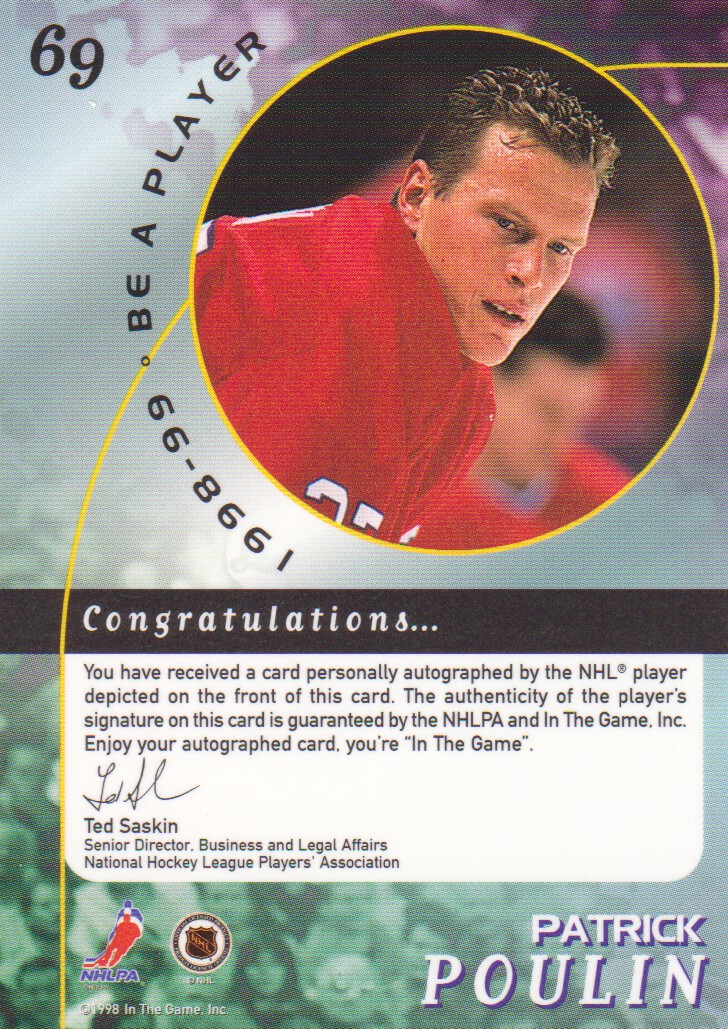 1998-99 Be A Player Autographs Gold #69 Patrick Poulin back image