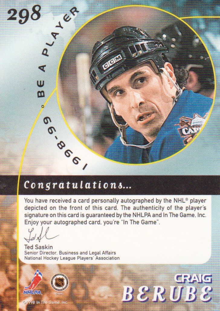 1998-99 Be A Player Autographs Gold #298 Craig Berube back image