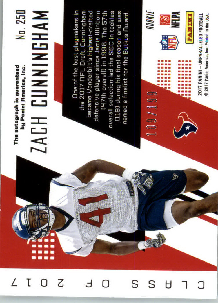 2017 Panini Unparalleled Rookie Autographs #250 Zach Cunningham/199 back image