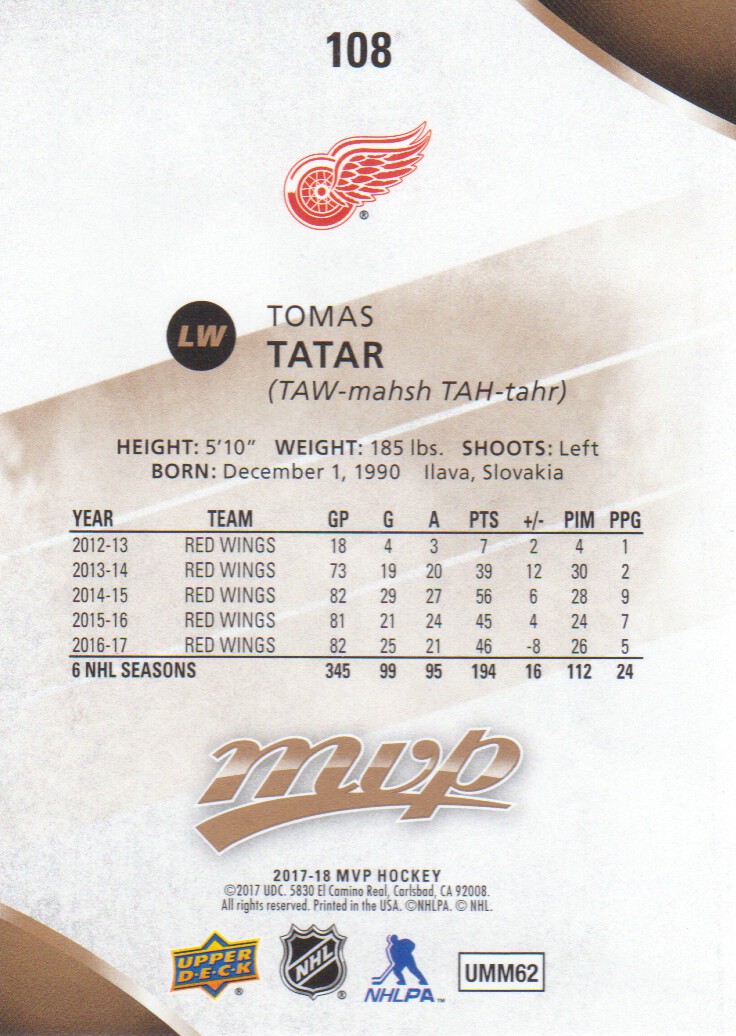 2017-18 Upper Deck MVP #108 Tomas Tatar back image