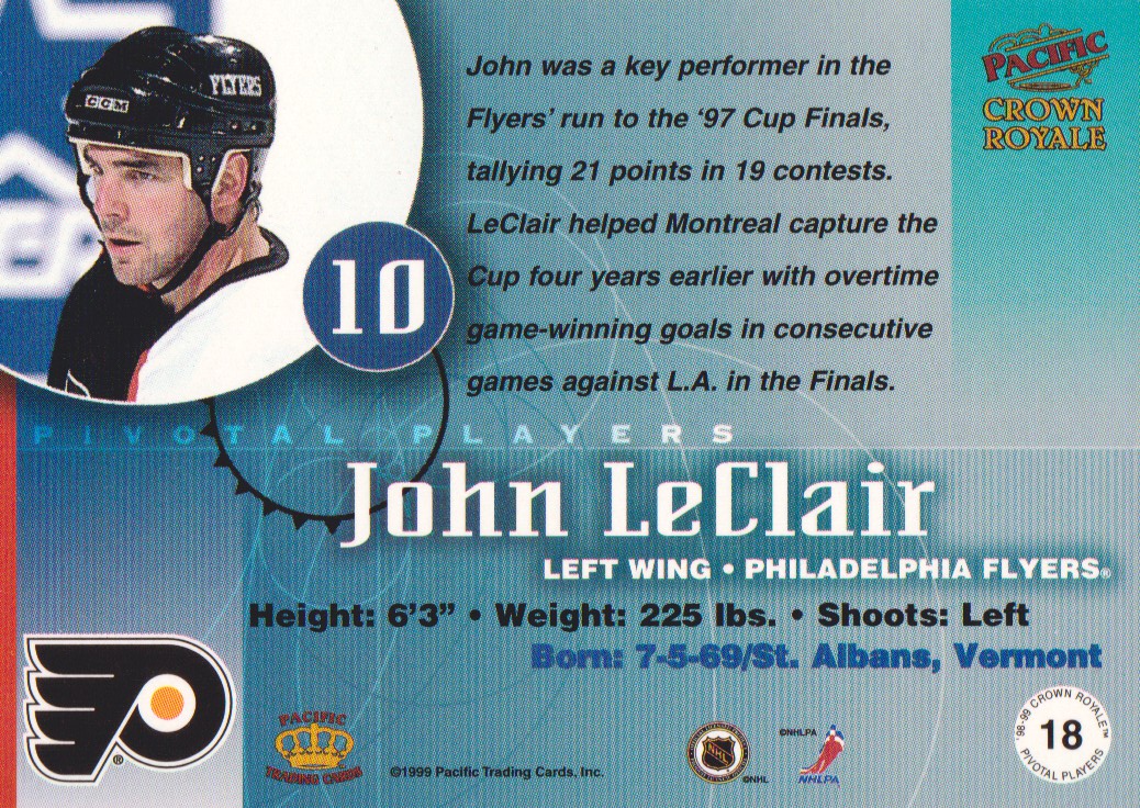 1998-99 Crown Royale Pivotal Players #18 John LeClair back image