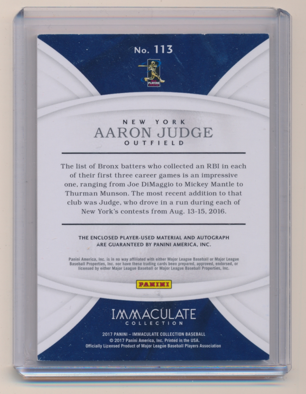 2017 Immaculate Collection Blue #113 Aaron Judge JSY AU/5 back image