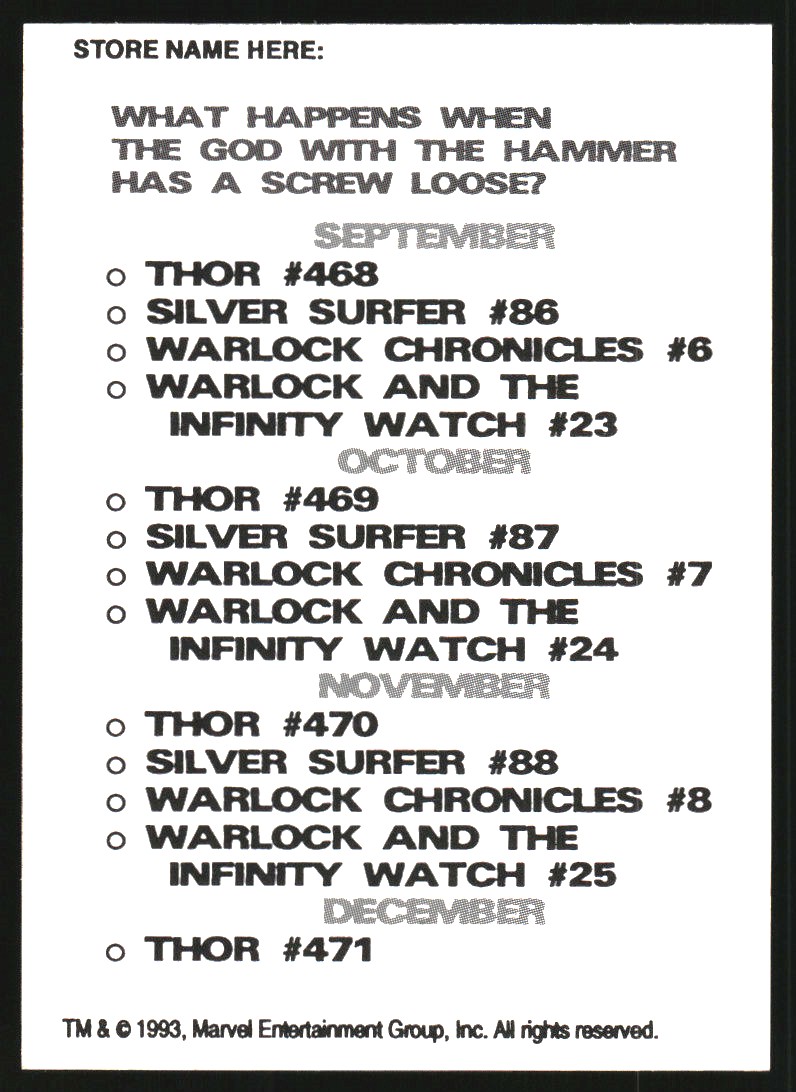 1993 Marvel Blood and Thunder Checklist Promo #NNO Thor and Silver Surfer back image