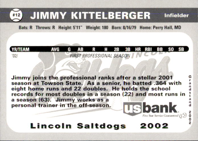 2002 Lincoln Saltdogs Grandstand #12 Jimmy Kittelberger - NM