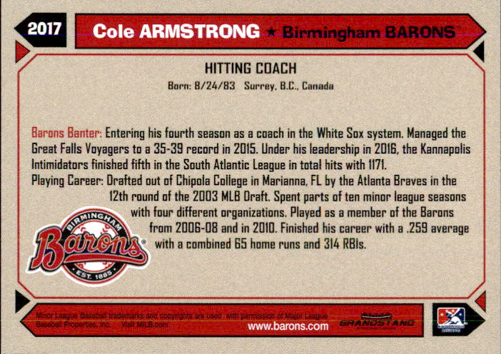 2017 Birmingham Barons Grandstand #4 Cole Armstrong CO back image